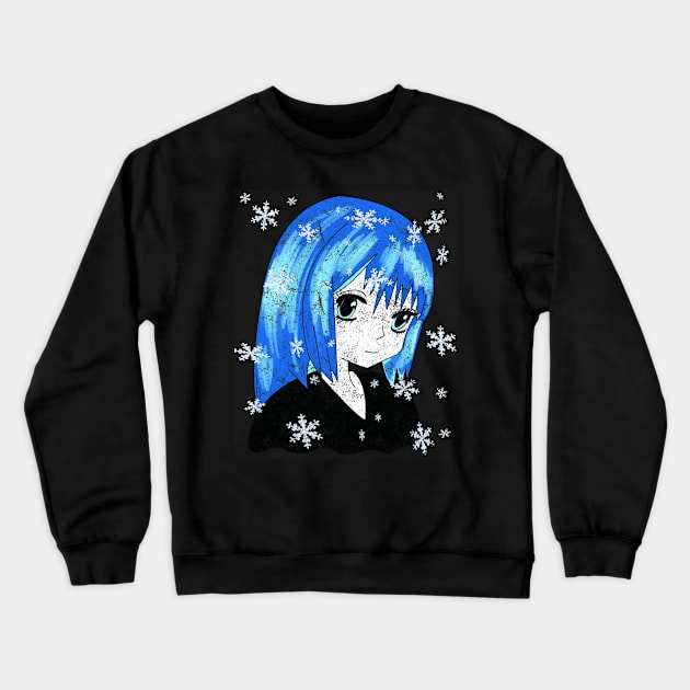 Distressed Winter Anime Girl Drawing Crewneck Sweatshirt by GreenCowLand